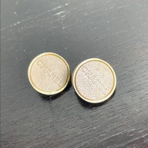 Chanel Tan Leather Stamping Round Gold Stud Clip On Earrings